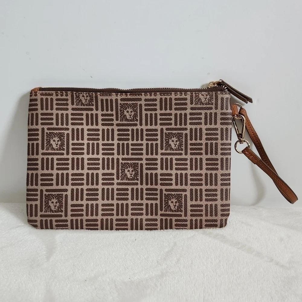 Anne Klein AK Brown Tan Tile Lion Logo Clutch Handbag Wristlet